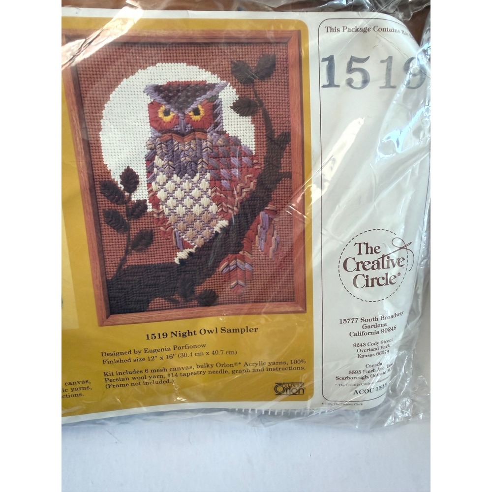 VTG Night Owl Needlepoint Kit 12"x16" The Creative Circle Bird Art Hoot Owl